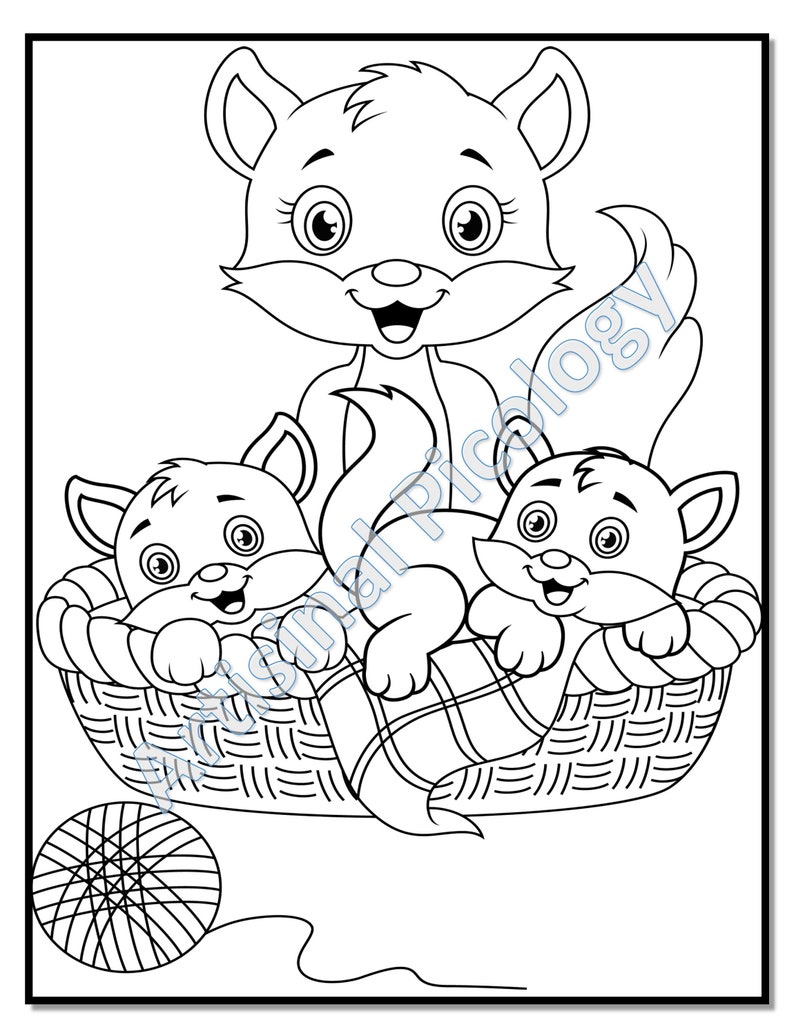 May include: A black and white line drawing of a mother cat and two kittens in a basket. The mother cat is sitting up and looking at the viewer. The kittens are lying down in the basket. There is a ball of yarn on the ground next to the basket.
