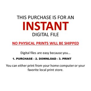 May include: Text on a white background that reads "This purchase is for an instant digital file. No physical prints will be shipped. Digital files are easy because you... 1. Purchase - 2. Download - 3. Print. You can either print from your home computer or your favorite local print store."