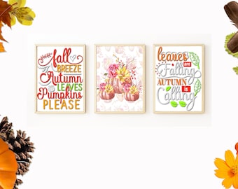 Set of Three Fall Breeze, Autumn Leaves and Pumpkins Please Printables - Fall Printable - Pumpkin Decor - Fall Wall Art - Autumn Wall Art