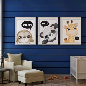 Set of 3 Cute Watercolor Animals-Sloth, Panda and Giraffe Nursery Art Animal Wall Art Gender Neutral Nursery Art Printable Digital