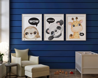 Set of 3 Cute Watercolor Animals-Sloth, Panda and Giraffe Nursery Art Animal Wall Art Gender Neutral Nursery Art Printable Digital