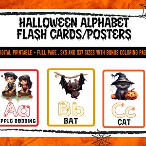 Peut inclure: Trois cartes flash d'alphabet d'Halloween imprimables avec des illustrations et des lettres traçables. La première carte représente un garçon et une fille qui font la pêche aux pommes avec la lettre "A". La deuxième carte représente une chauve-souris avec la lettre "B". La troisième carte représente un chat noir avec la lettre "C".