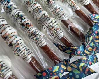 One Dozen Space Theme Chocolate Pretzels,  Astronaut Cookies, Baby Shower, Space Birthday, NASA, Space Theme, Space Cookies, First Birthday