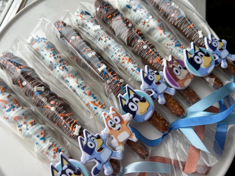 Bluey Party Chocolate Pretzels – Blue & Orange Themed Birthday Favors ...