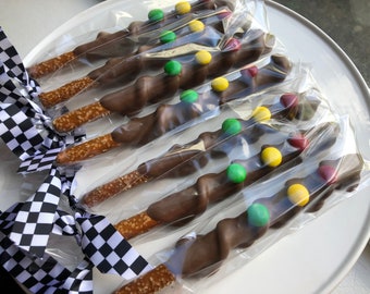 Race Car Party Pretzels | Chocolate Covered Pretzels with Stoplight M&M Design | Race Car Birthday Favors | Start Your Engines