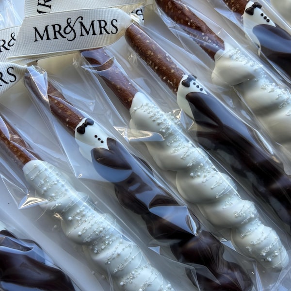 Bride & Groom Chocolate Pretzels – Individually Packaged | Elegant Bridal Shower, Engagement Party, or Rehearsal Dinner Favors
