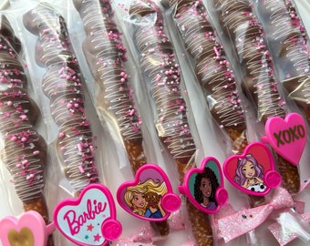 Barbie Theme Chocolate Pretzels One Dozen (12) With Caramel
