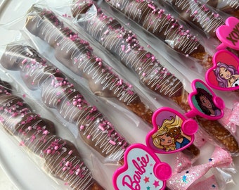 Barbie Theme Chocolate Pretzels One Dozen (12) with Caramel, Barbie Party Favors, Barbie Birthday Party, Kids Birthday, Barbie Gift, Treats