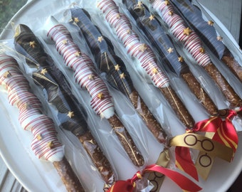 HP Inspired Wizard Chocolate Caramel Pretzels One Dozen (12), Dipped Pretzels, Wizard Pretzel Sticks, Wizard Birthday, Party Favors, Cookies