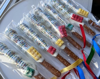 Color Brick Party Pretzels- Chocolate Covered Caramel Pretzels Rods- Building Block Birthday Treats- Block Favors- Color Brick Dessert Table
