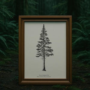 Puede incluir: Ilustración en blanco y negro enmarcada de un pino de Sierra Lodgepole. La obra de arte está en un marco de madera marrón, sobre un fondo borroso de bosque. El nombre científico del árbol está impreso en la parte inferior.