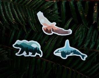 West Coast Guardians Sticker Bundle, Sticker Set, Pacific Northwes Stickers, Grizzly Bear, Orca Whale, Bald Eagle, Rainbow Animal Decal