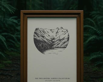 Twin Sisters Mountain Print: Vancouver BC Pointillism Art