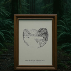 May include: A framed black and white illustration of Britannia Beach, Howe Sound BC. The artwork depicts a lake scene with mountains, a dock, and a small building. The frame is a dark brown colour.
