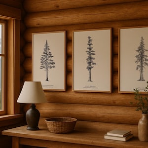 Sequoia, Pine & Spruce Tree Prints, Pacific Northwest Fine Line Tree Species, Set of 3