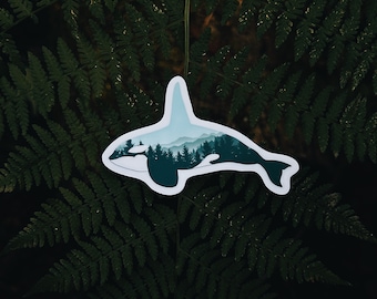 Orca Whale Sticker, West Coast Sticker, Mountain Scene Decal, PNW Sticker, Blue Whale, Wildlife Decal, Forest Scene, Landscape Decal