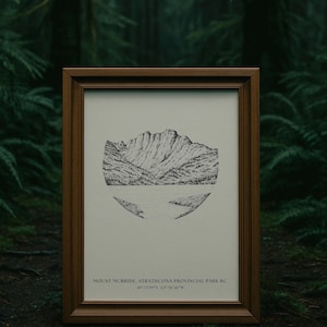 May include: A framed print with a black and white illustration of a mountain and lake scene. The print is in a brown wooden frame. Text at the bottom reads "Mount McBride, Strathcona Provincial Park BC" and coordinates.