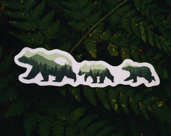 Grizzly Bear Cubs Sticker, Mama Grizzly Bear Sticker, West Coast Mountain Decal, Van Sticker, PNW Landscape Sticker| Forest Sticker,