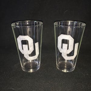University of Oklahoma Hand Etched Pint Glasses!