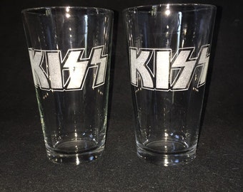 Kiss Hand Etched Pint Glasses