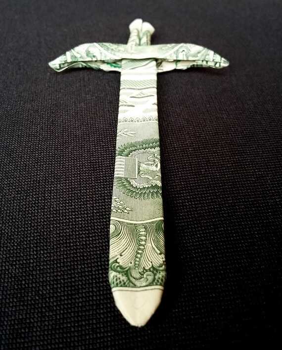 Real One Dollar Bill Origami Medieval Knightly Arming Sword Money Art Charm Handmade Gift Home Decor Custom Paper Wall Print Viking Sword
