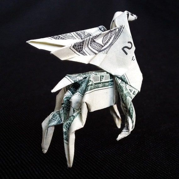 Origami Miniature Pegasus Sculpture Money Art Horse Figurine Handmade Mythical Animal Figure Real One Dollar Bill Birthday Gift Figurine