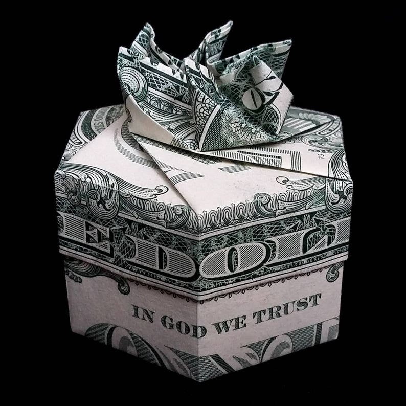 Origami Hexagonal Small Ring BOX with Lid Money Mini Gift Handcrafted of Two Real 1 Dollar Bills Gift Box Trinket Box Wedding Handmade Gift