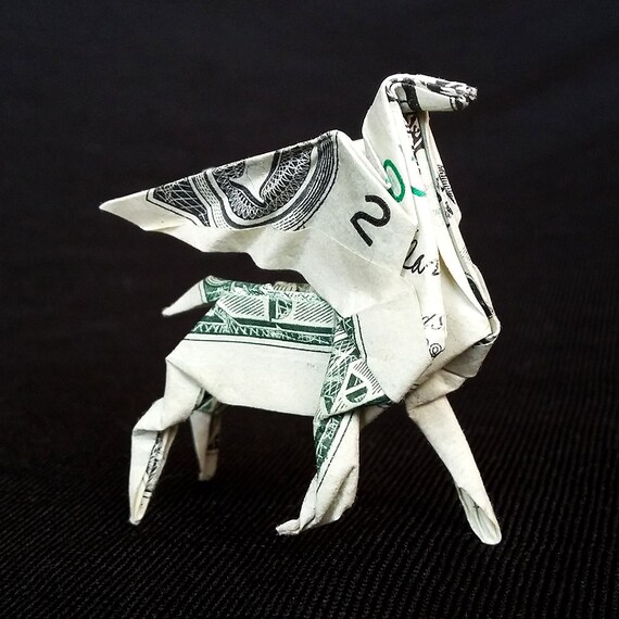Origami Miniature Pegasus Sculpture Money Art Horse Figurine Handmade Mythical Animal Figure Real One Dollar Bill Birthday Gift Figurine
