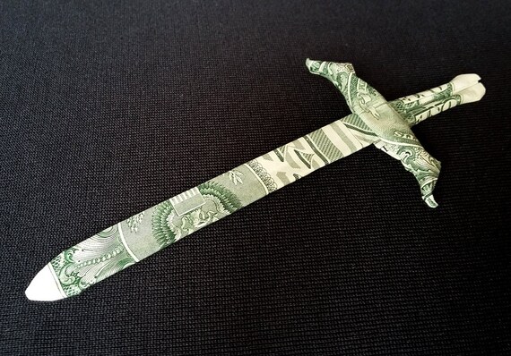 Real One Dollar Bill Origami Medieval Knightly Arming Sword Money Art Charm Handmade Gift Home Decor Custom Paper Wall Print Viking Sword