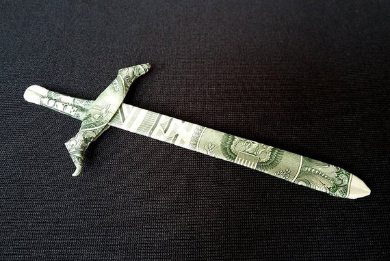 Real One Dollar Bill Origami Medieval Knightly Arming Sword Money Art Charm Handmade Gift Home Decor Custom Paper Wall Print Viking Sword
