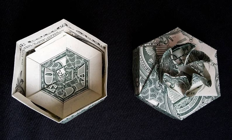 Origami Hexagonal Small Ring BOX with Lid Money Mini Gift Handcrafted of Two Real 1 Dollar Bills Gift Box Trinket Box Wedding Handmade Gift