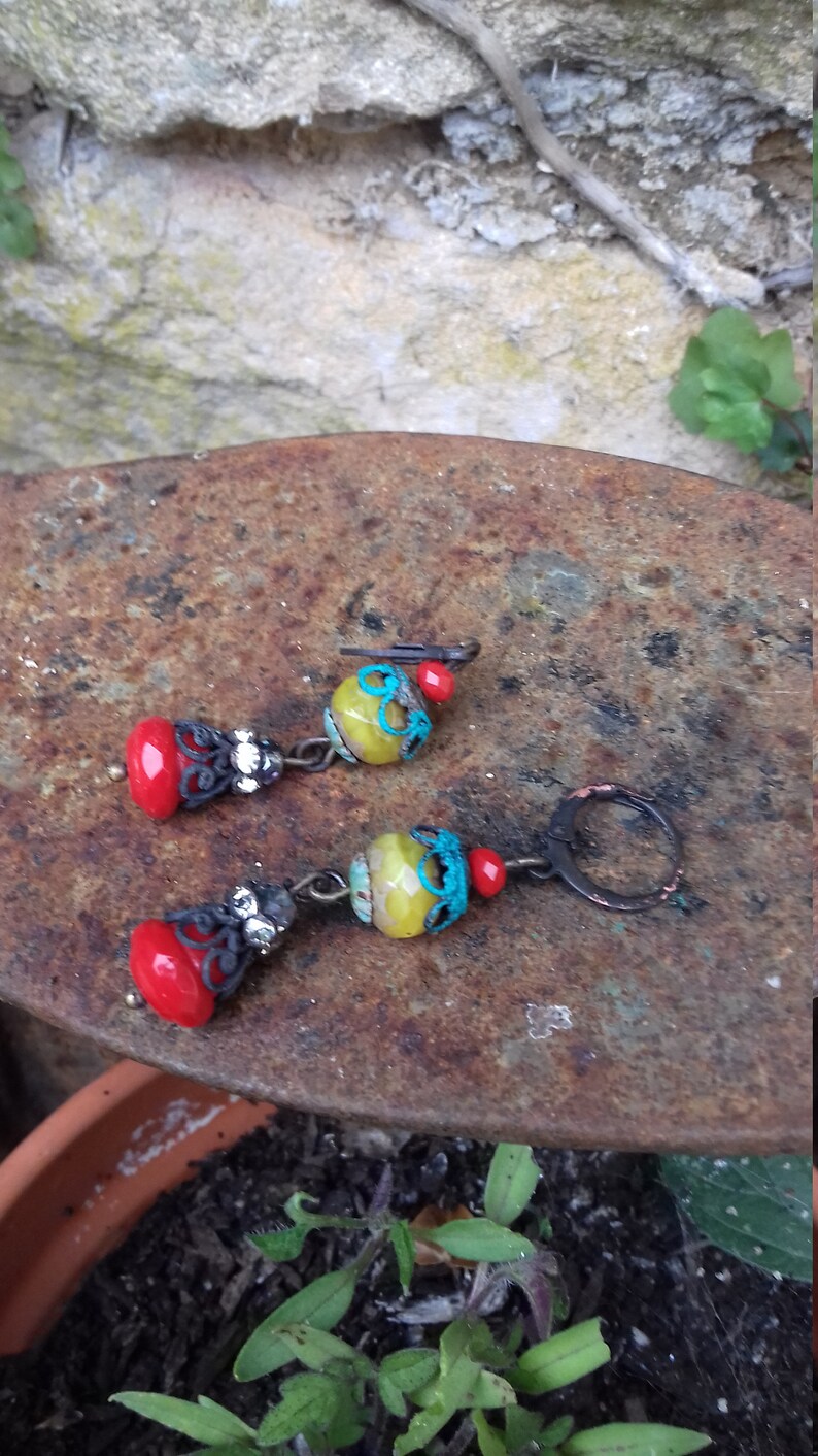 Rustic handmade Boho Chic glass and brass dangle earrongs Ooak