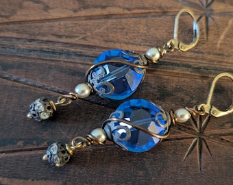 Vintage Swarovski Sapphire blue Crystal Victorian Bohemian style statement earrings