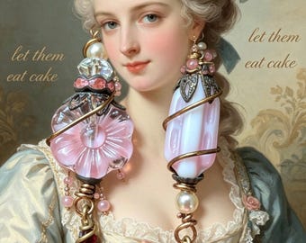 Marie Antoinette Style Asymmetrical Earrings: Vintage Pink Crystal Glass, Aged Brass Wire Wrapped