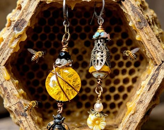 Asymmetrical Bumble bee inspired Earrings: rustic vintage yellow crackle glass vintage beads and crystal aged brass Bee Charm