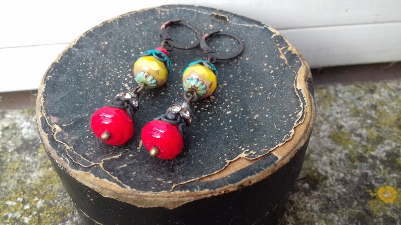 Rustic handmade Boho Chic glass and brass dangle earrongs Ooak