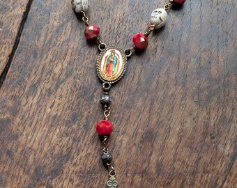 Handmade Wire Wrapped Skull Rosary with Guadalupe Centerpiece (Approx. 9 inches)