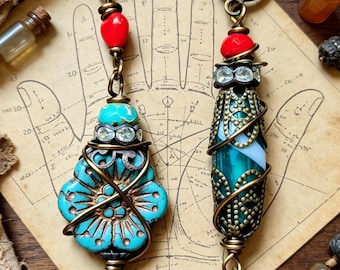 Asymmetrical Fortune Teller Gypsy Earrings: rustic Aqua turquoise blue and red vintage glass beads vintage aged brass heart cameo Charm