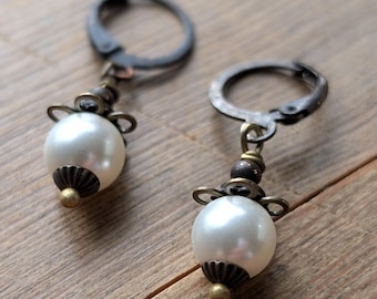 Classic rustic Neo Victorian white glass pearl aged brass earrings