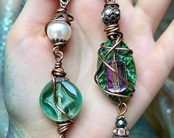 Asymmetrical Mermaid Pirate Earrings: Green Crystal Glass, Aged Brass, Skull Charm
