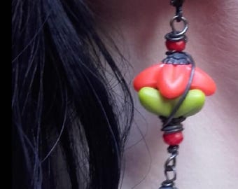 Bold Bohemian rustic Earthy Artisan Summer bright Flower dangle  Earrings
