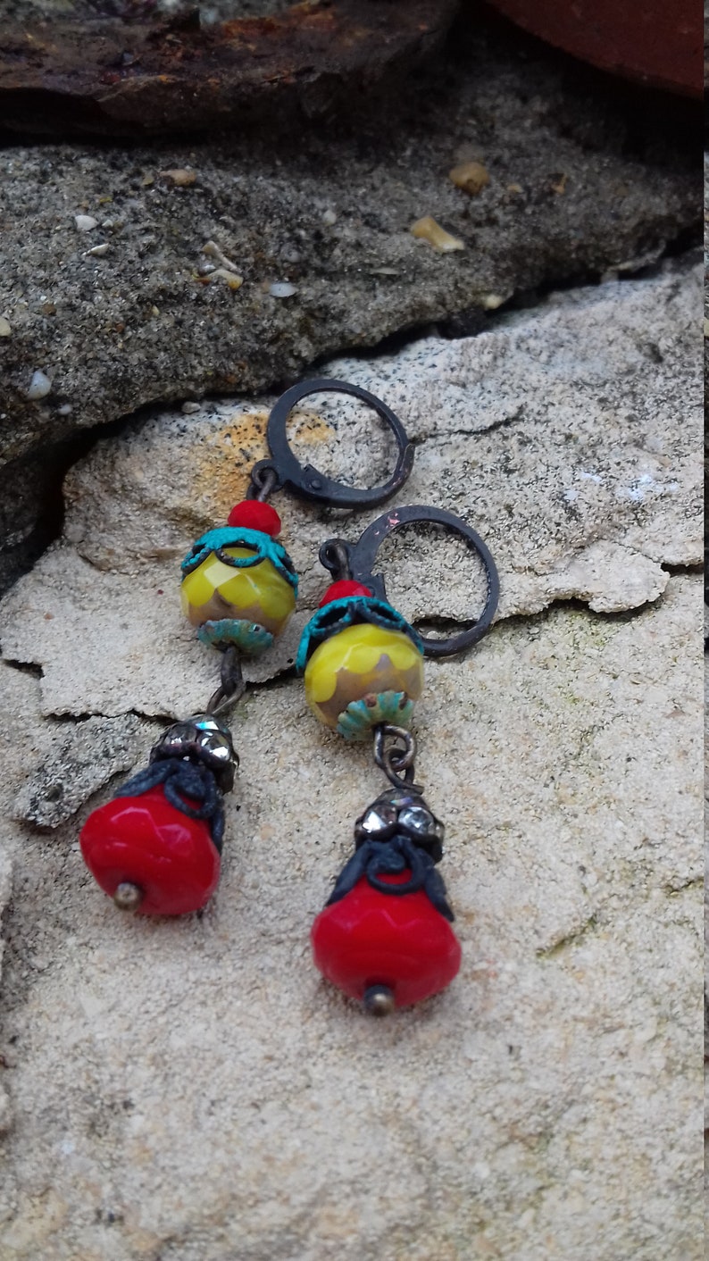 Rustic handmade Boho Chic glass and brass dangle earrongs Ooak