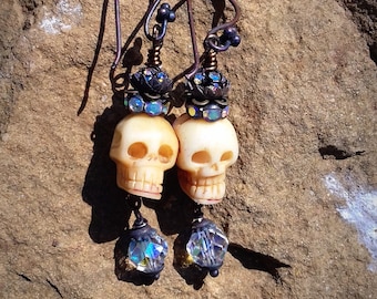 Long Rustic Gothic Style Carved bone crowned skull aged brass and crystal Earrings