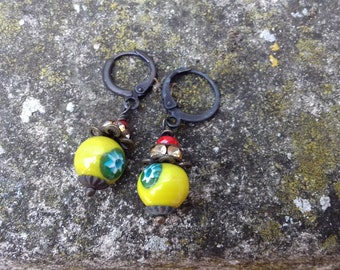 Handmade rustic  Boho chic vintage Millefiori glass bead petite dangle earrings