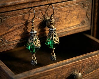 Vintage Green Tourmaline Swarovski Crystal Dangle Earrings – Boho Chic Statement Jewelry