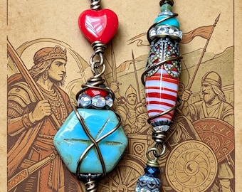 Asymmetrical Boudica Warrior Earrings: Vintage Aqua Turquoise, Red Glass Beads, Aged Brass Heart Charm