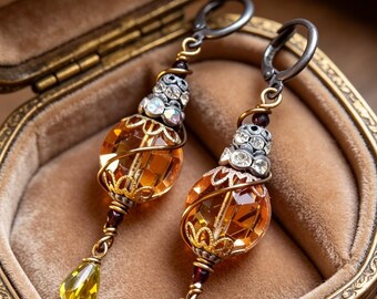 Vintage Swarovski crystal Colorado Topaz Victorian Boho Chic style Long bold statement earrings