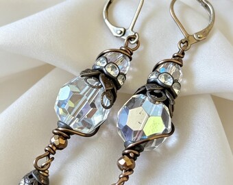 Vintage Swarovski neutral clear Crystal Boho Chic Long bold wire worked statement earrings
