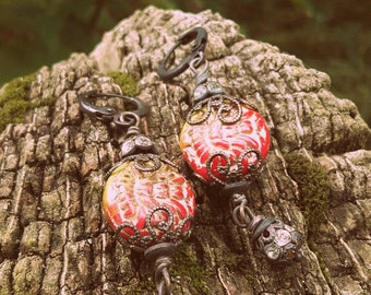 Victorian Boho dangle red yellow glass rustic floral earrings