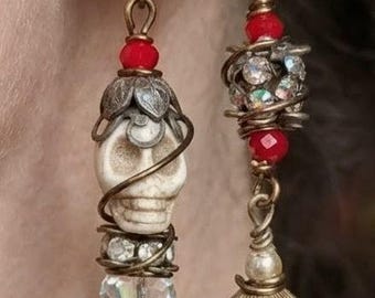 Gothic Red glass long crystal hand aged brass Gothic Vampire inspired Asymmetrical earrings